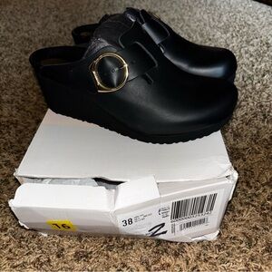 Birkenstock Papillio Women's 7 38 Fanny Ring Buckle Clogs Black Leather NEW